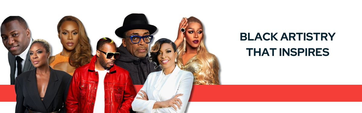 White banner featuring headshots of Black creatives and keynote speakers. Text on the right of the banner reads "Black Artistry That Inspires".