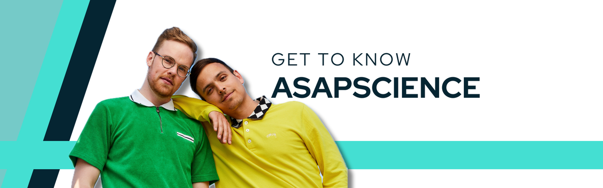 A blue, teal and white decorative banner that reads "Get to Know AsapSCIENCE" in bold dark text. An image of AsapSCIENCE duo, Mitchell Moffit and Greg Brown, is in the foreground.