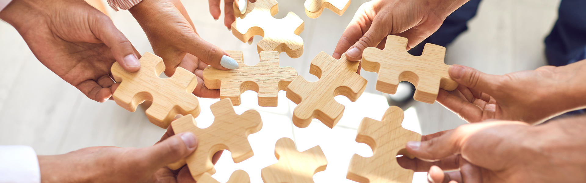 Decorative blog banner to help depict growth in the workplace. The image shows multiple hands, each holding a small wooden puzzle piece-shaped block, in a circle.
