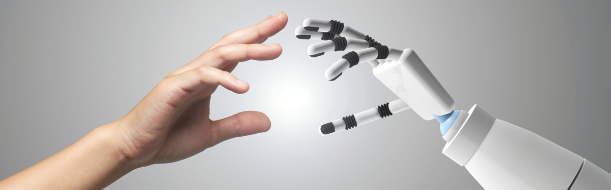 A decorative banner to depict trailblazer speakers in Canada. The image shows a human hand and robot hand reaching out to touch each other in front of an illuminated solid grey backdrop.