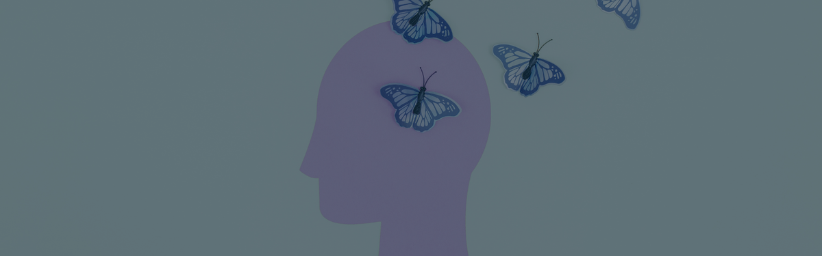A decorate banner to depict top mental health keynote speakers for suicide prevention day. The image is a silhouette of a person's head with blue butterflies flying away from the top of the head.