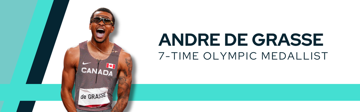 Decorative banner including a cut-out image of Andre De Grasse at the Olympics. To the right reads "Andre De Grasse 7-Time Olympic Medallist".