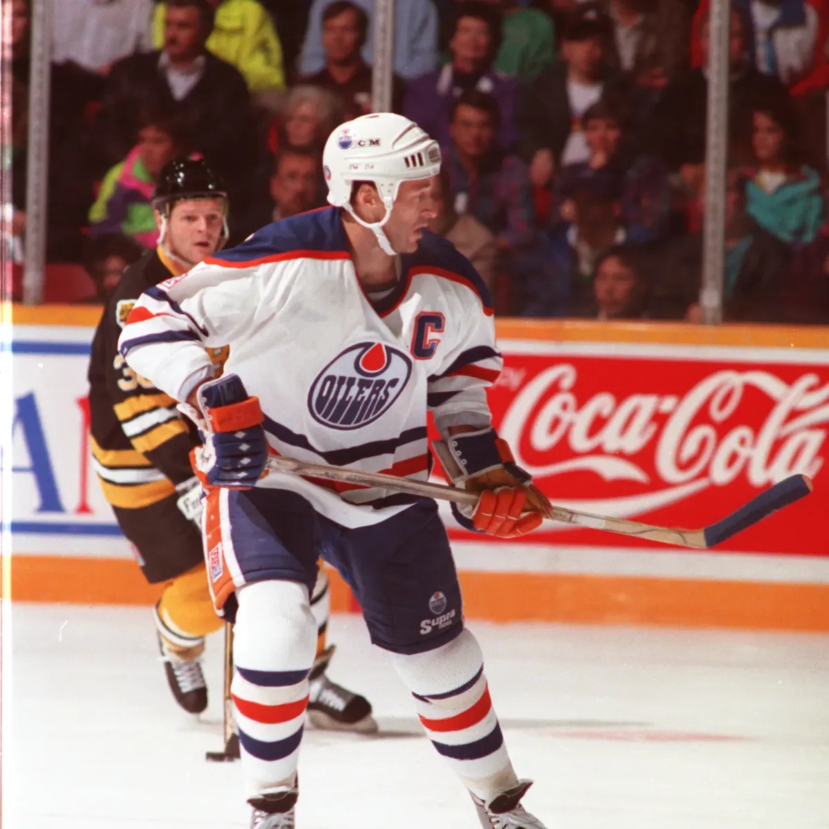 Kevin Lowe playing ice hockey for the Edmonton Oilers.