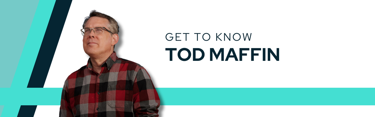 Decorative banner featuring a headshout of keynote speaker, Tod Maffin in front of a white and teal background. The text to the right of his image says "Get to Know Tod Maffin".