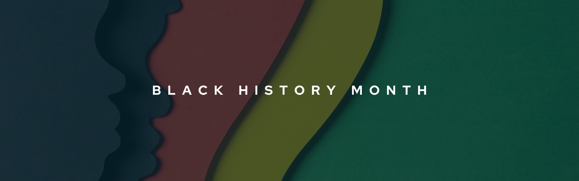 Decorative banner that reads "Black History Month" in white font. The background features red, yellow, and green ribbons. To the left are side-profile silouettes of two faces.