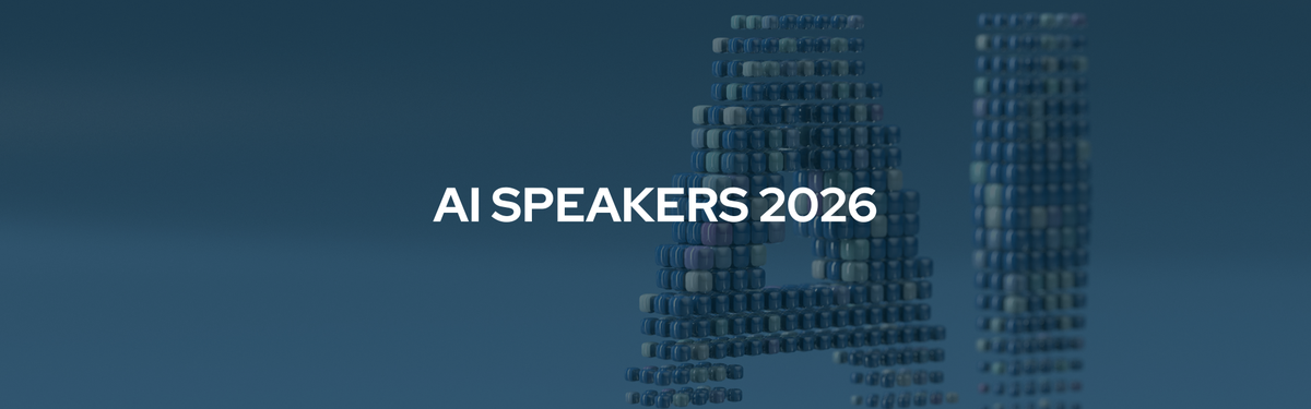 Decorative banner that reads "AI SPEAKERS 2026" in bold white font.