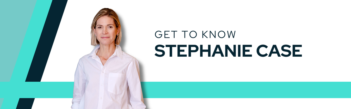 Decorative banner featuring a headshot of speaker Stephanie Case beside text that says "Get to Know Stephanie case".
