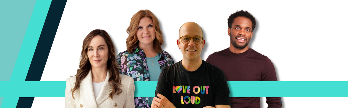 Decorative banner featuring headshots of keynote speakers Amanda Lindhout, Laura Lawrence, Kevan Gilbert and Anthony Morgan from left to right.