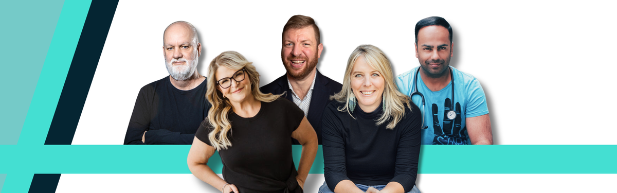 Decorative banner featuring headshots of healthcare and wellness keynote speakers André Picard, Dr. Jody Carrington, Matthew Corkum, Hannah Beach and Dr. Naheed Dosani from left to right.